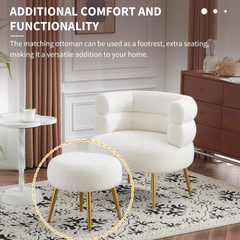 Boucle Snuggle Chair with Footstool Set, Fuzzy Tub Chair Lounge Chair with Footrest for Living Room, Bedroom, Study, 74.5x67x73 cm, White