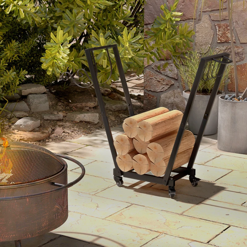 Outsunny Stojak na Drewno Kominkowe, Trapezowy Design, Metal Malowany Proszkowo, Mobilny z Kółkami, 79 x 30 x 81 cm, Czarny