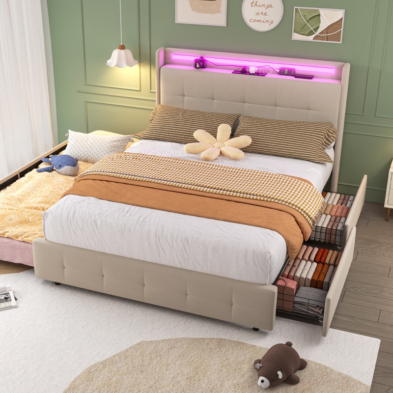 Doppelbett mit USB-Ladekopfteil, Ausziehbett, Polsterbett mit LED-Beleuchtung und 2 Schubladen, 160x200 cm Stauraumbettgestell, ohne Matratze, Beige