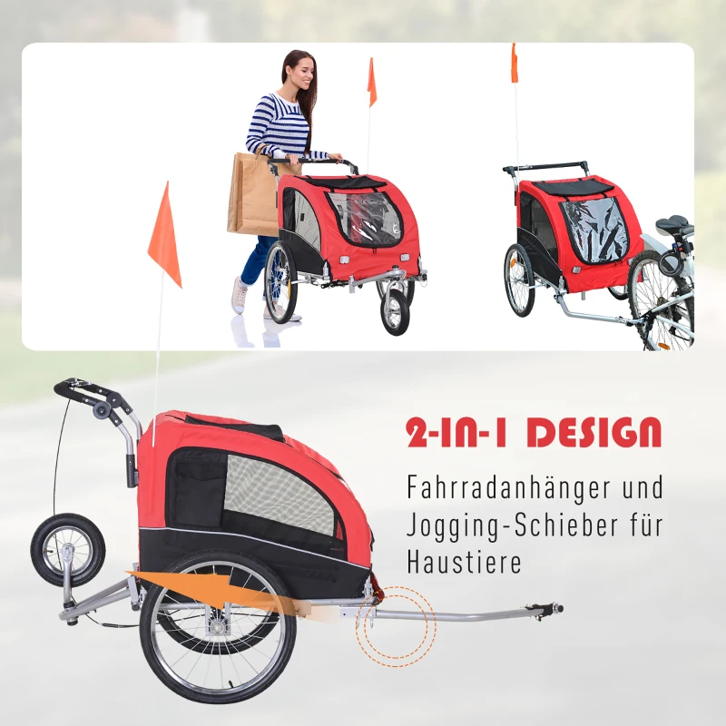 PawHut Hundeanhänger mit Jogger-Funktion Universalkupplung Stahl Rot+Schwarz
