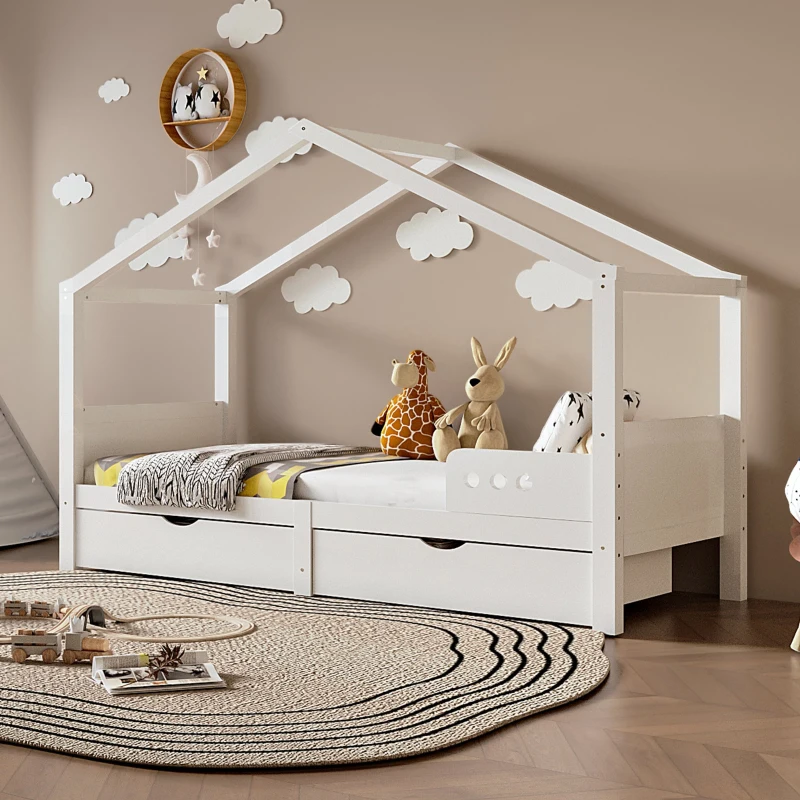 Lit pour enfant avec double tiroir, barrière de sécurité, sommier à lattes stable, bureau enfant avec rangement, sans matelas, Blanc