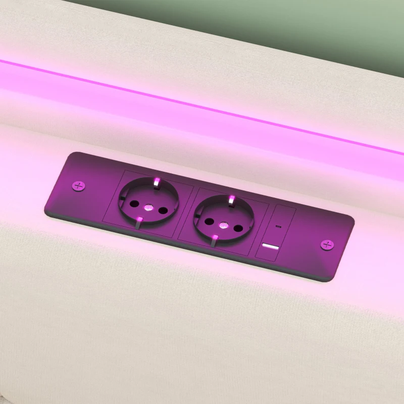 Lit double rembourré avec tête de lit USB, éclairage LED et 2 tiroirs, cadre de lit avec rangement 160x200 cm, sommier à lattes en bois, Beige