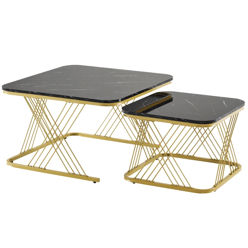 Nesting Coffee Tables with Gold Metal Frame, Marble Pattern Top, Multi-functional Sofa Side Tables for Bedroom, Living Room, 70x70x43 cm, Black