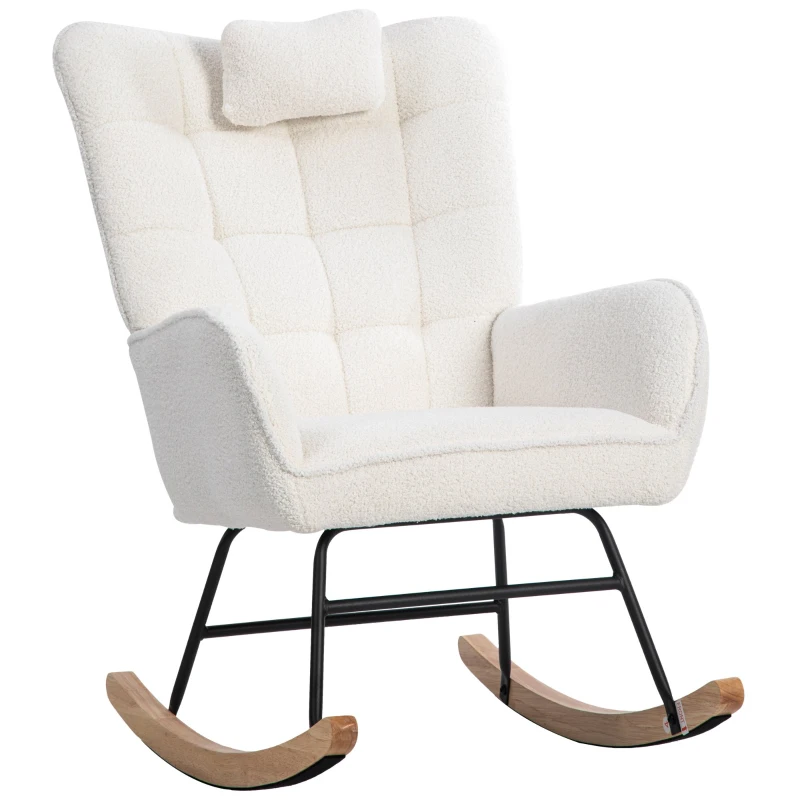 Ergonomic Design Rocking Chair with Footstool, Solid Wood and Metal Frame, Perfect for Garden and Outdoor Use, 65x93x92 cm, White