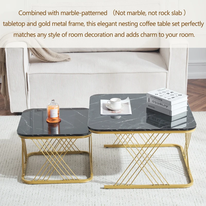 Nesting Coffee Tables with Gold Metal Frame, Marble Pattern Top, Multi-functional Sofa Side Tables for Bedroom, Living Room, 70x70x43 cm, Black