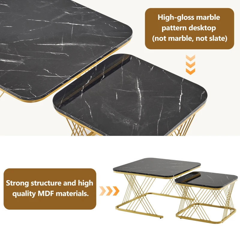 Nesting Coffee Tables with Gold Metal Frame, Marble Pattern Top, Multi-functional Sofa Side Tables for Bedroom, Living Room, 70x70x43 cm, Black