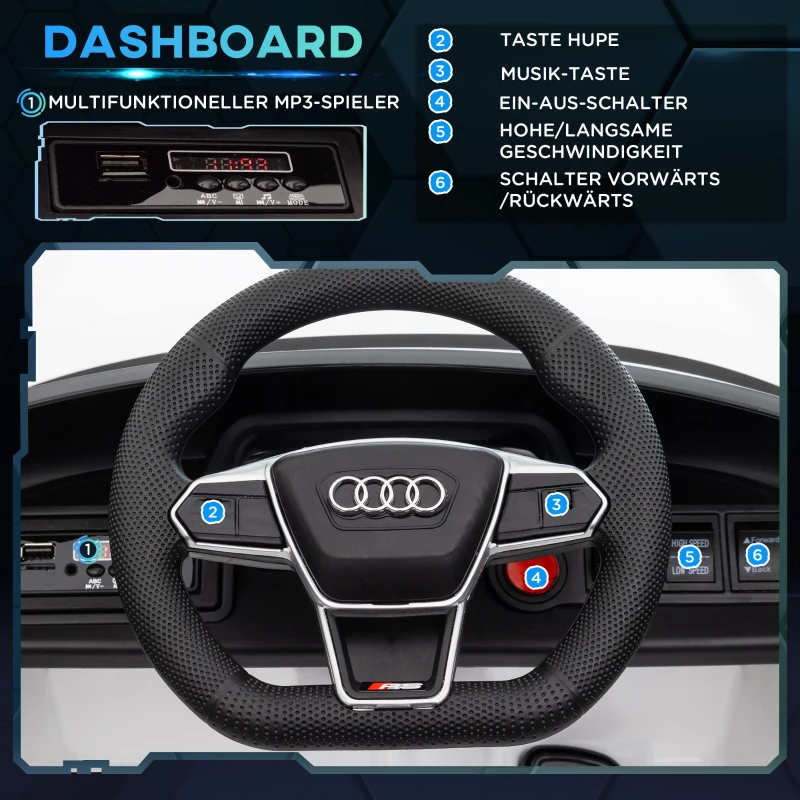HOMCOM Kinder-Elektroauto Audi RS e-tron GT mit Sicherheitsgurt, Fernbedienung, Scheinwerfern, Musikfunktion, weiß, 103 x 58 x 41cm