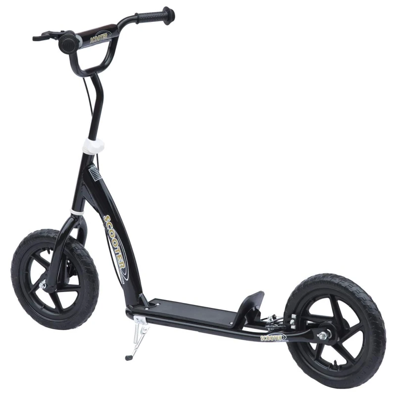 HOMCOM Trotinete para Crianças acima de 5 anos Scooter de 2 Rodas Grandes de 12 Polegadas com Freio e Guidão Ajustável em Altura Carga Máx. 100kg 120x52x80-88cm Preto
