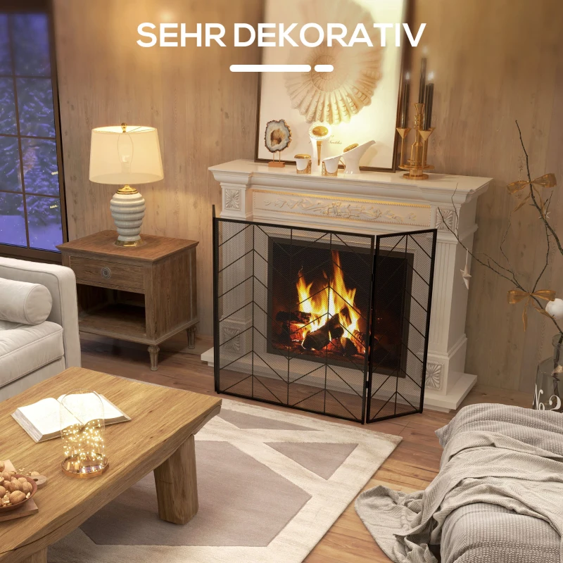 HOMCOM Osłona przeciwiskrowa do kominków, elegancka wyłapująca iskry, składana, malowana proszkowo, Czarna, 135 x 85 cm