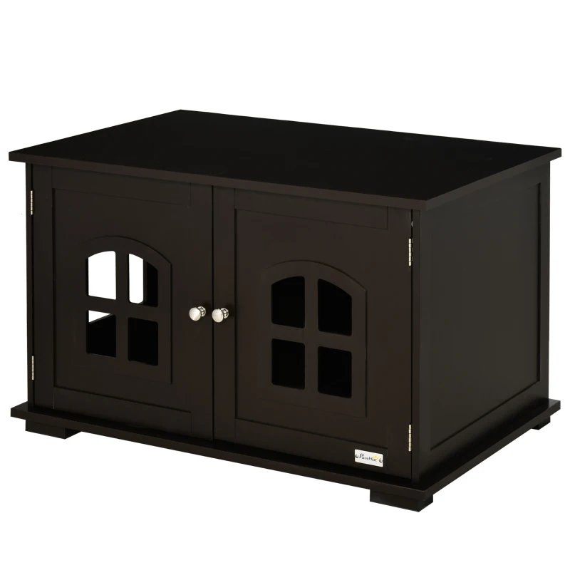 PawHut Casa para Gatos de Madeira Móvel para Caixa de Areia para Gatos 2 em 1 com Armário de Armazenamento Ampla Bancada 2 Portas com Janelas e Orifício de Entrada Lateral 80,3x52,6x48,8 cm Café