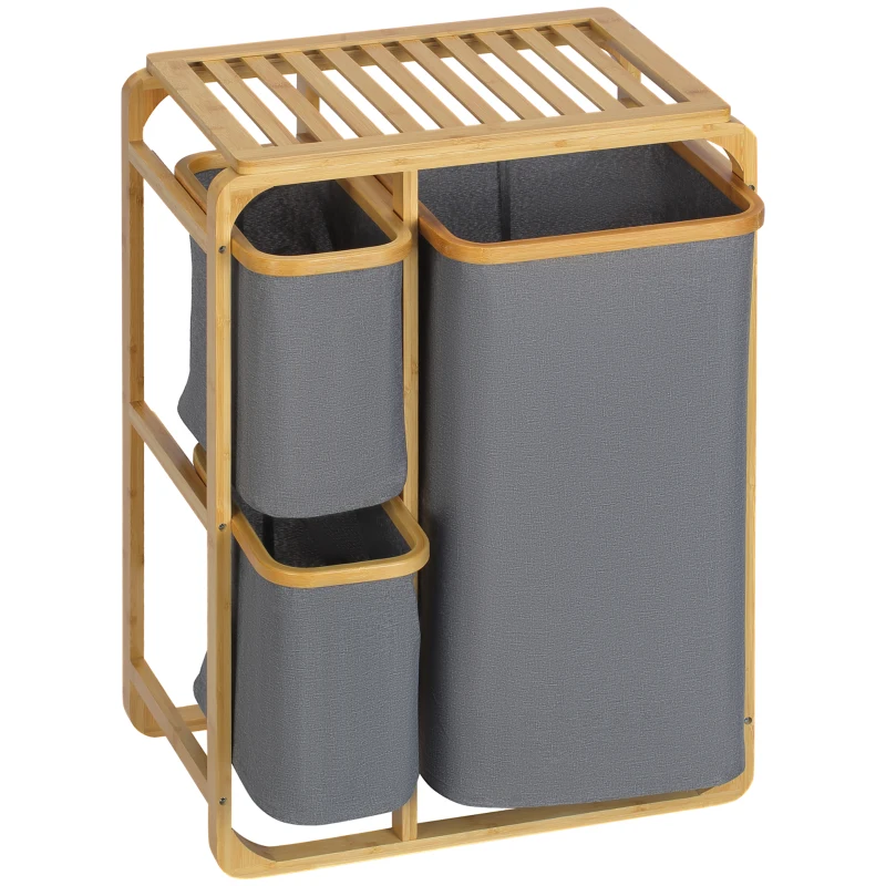 HOMCOM Cesto de Roupa de Bambu com 3 Bolsas de Tecido Amovíveis e Prateleira Aberta 50x32x69,7cm Cinza e Madeira