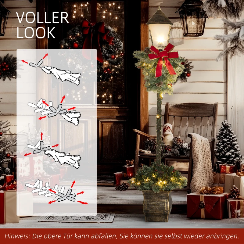 Outsunny Kerstlantaarn met Bessen, Dennenappels & Strik, LED-Lichtjes, Metalen Paal, 150 cm