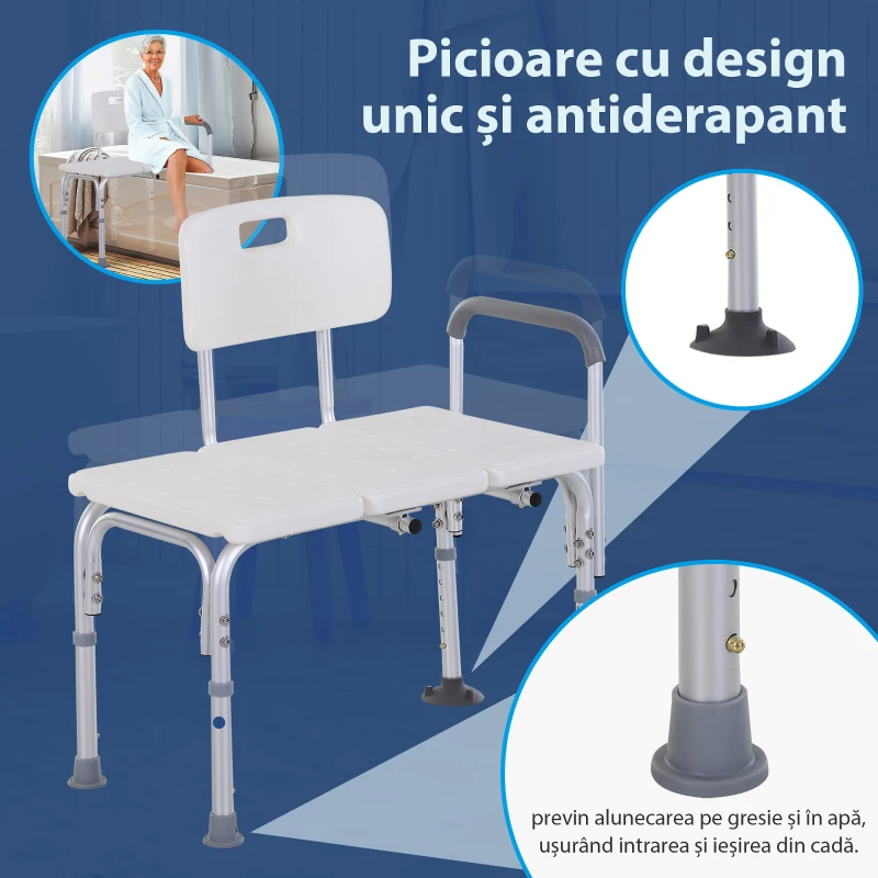 HOMCOM Scaun de Duș cu Înălțime Reglabilă pe 6 Nivele, Picioare și Brațe Antiderapante, 74x53x80-92 cm, Alb