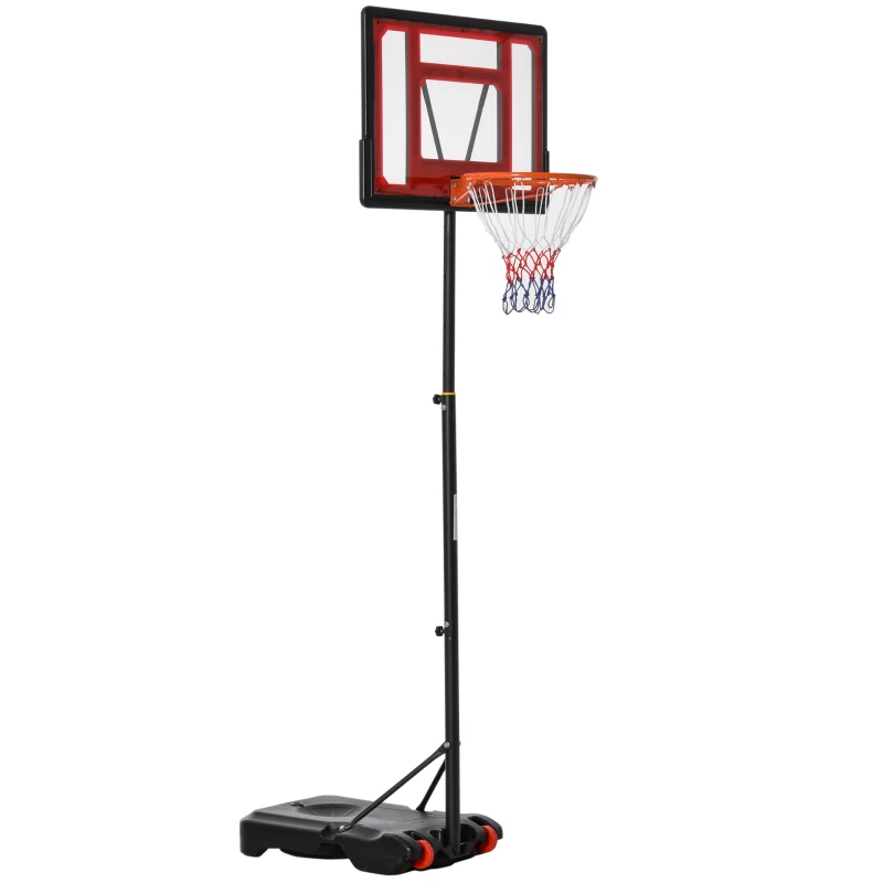 HOMCOM Tabela de Basquetebol Ajustável de 160-210cm Aro de Basquetebol com Suporte de Aço Base Recarregável 2 Rodas para Crianças e Adultos 75x83x261cm Vermelho e Preto