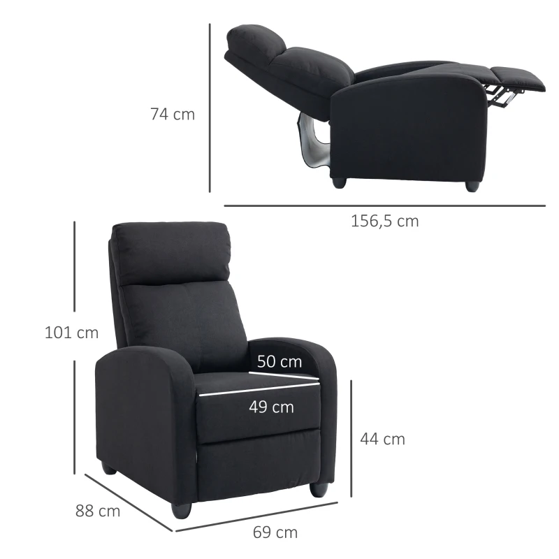 HOMCOM Relaxfauteuil, verstelbaar tot 135°, uitschuifbare voetsteun, gestoffeerde leuningen, Linnen-Polyester, Zwart