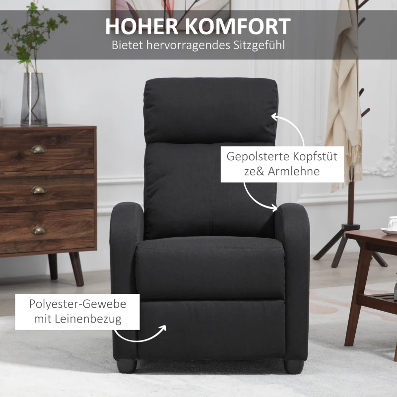 HOMCOM Relaxfauteuil, verstelbaar tot 135°, uitschuifbare voetsteun, gestoffeerde leuningen, Linnen-Polyester, Zwart