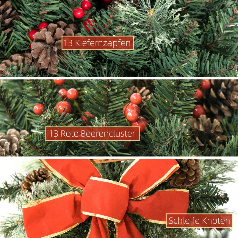 Outsunny Kerstlantaarn met Bessen, Dennenappels & Strik, LED-Lichtjes, Metalen Paal, 150 cm