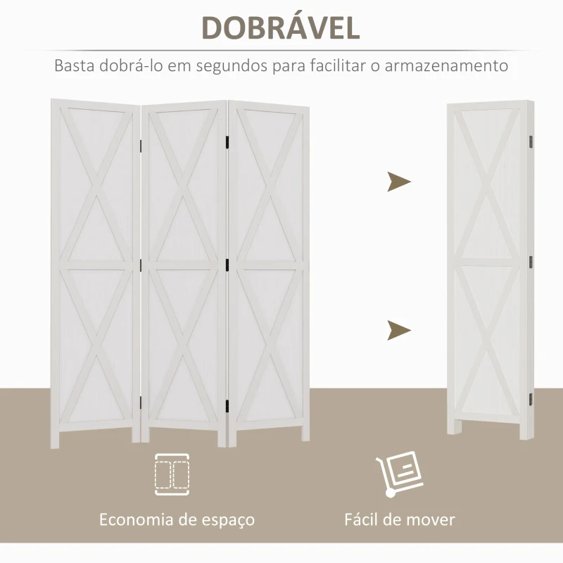HOMCOM Biombo de 3 Paineis Separador de Ambientes Dobrável 136,5x170cm Divisória para Espaços de Madeira Decoração Elegante Branco