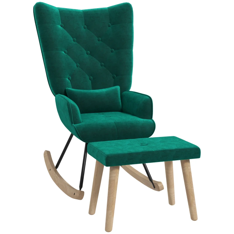 HOMCOM Schommelstoel met Poef, Gestoffeerd, Hoge Rugleuning, Fluweel Look, tot 150 kg, Groen
