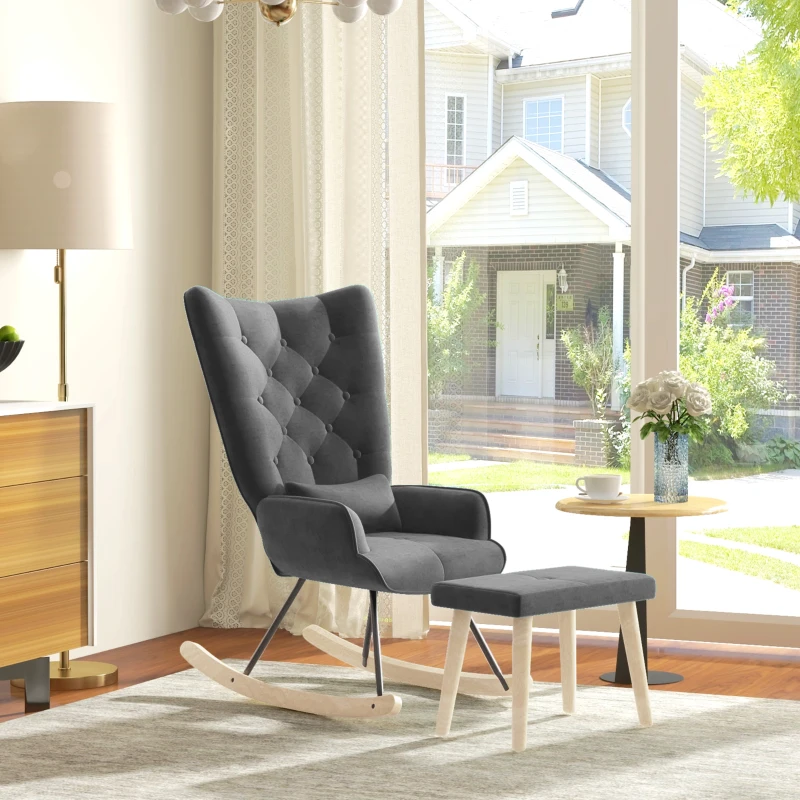 HOMCOM Fotel akcentowy z pufą, tapicerowany, wysokie oparcie, wygląd aksamitu, do 150 kg, Ciemnoszary