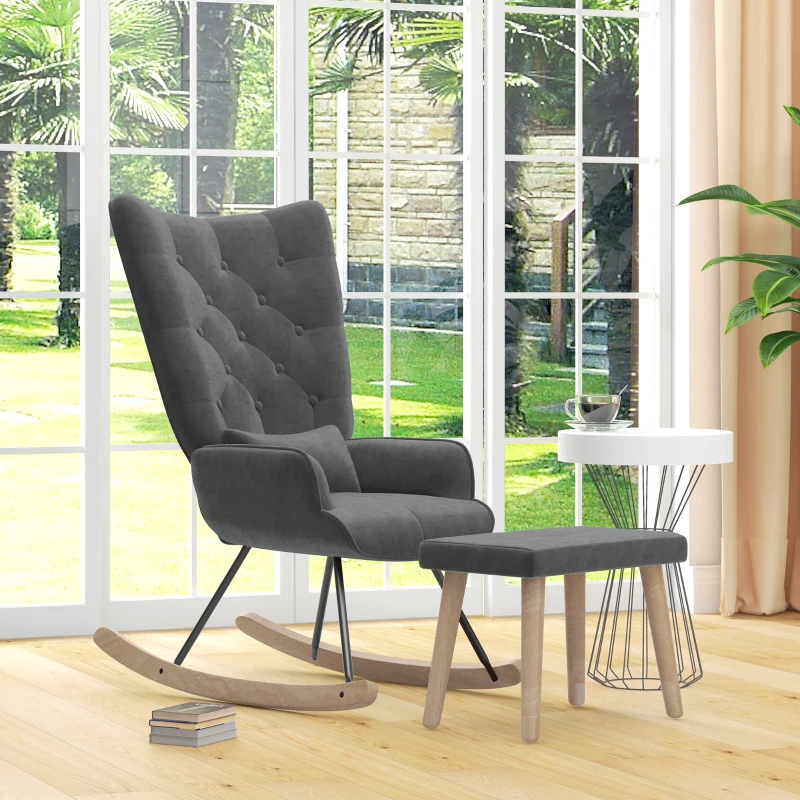 HOMCOM Fotel akcentowy z pufą, tapicerowany, wysokie oparcie, wygląd aksamitu, do 150 kg, Ciemnoszary