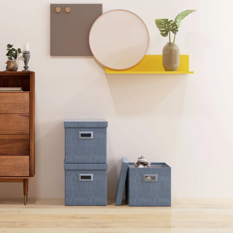 HOMCOM Opbergdozenset, Afneembaar Deksel, Handvatten, Opvouwbaar, Stapelbaar, Linnen-Look, Blauw