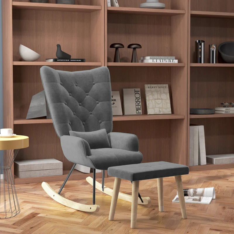 HOMCOM Fotel akcentowy z pufą, tapicerowany, wysokie oparcie, wygląd aksamitu, do 150 kg, Ciemnoszary