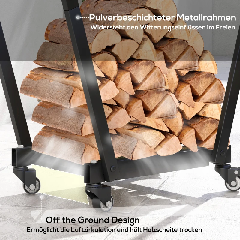 Outsunny Haardhoutrek, trapeziumvormig ontwerp, gepoedercoat metaal, mobiel met wielen, 79 x 30 x 81 cm, Zwart