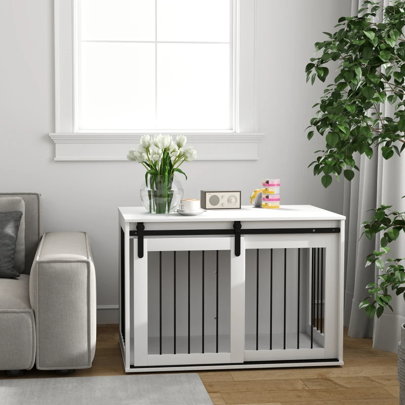 PawHut Hondenkooi met Schuifdeur, Ventilatie, Spaanplaat en Staal, 98 x 58 x 61 cm, Wit(m-9)