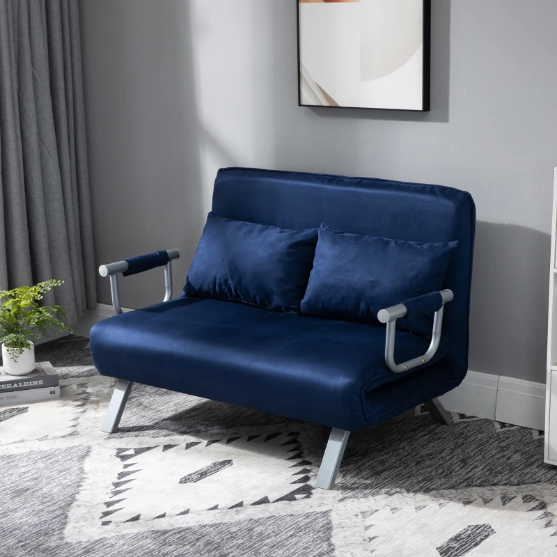 HOMCOM Sofa do Spania, 5-stopniowa Regulacja, Imitacja Zamszu, Rama Metalowa, w zestawie Poduszki, Granatowa(m-2)