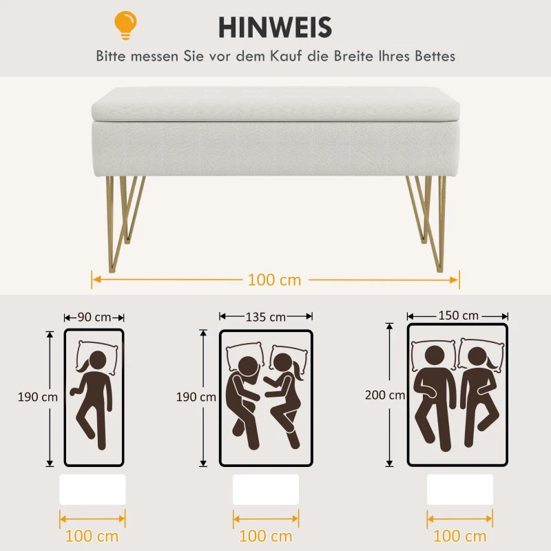 HOMCOM Opbergbank met Dikke Vulling, Ademende Stof, Stalen Poten, 100x40x49 cm, Crème