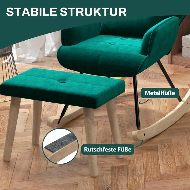 HOMCOM Schommelstoel met Poef, Gestoffeerd, Hoge Rugleuning, Fluweel Look, tot 150 kg, Groen