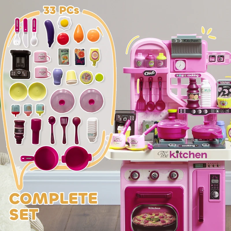 AIYAPLAY Kids Kitchen with 33 Piece Accessories, Lights, Sounds, Storage, for Children 3-6 Years, Pink