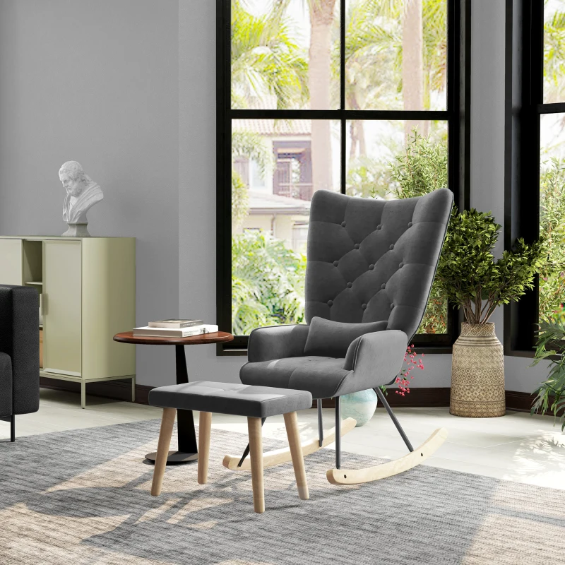 HOMCOM Fotel akcentowy z pufą, tapicerowany, wysokie oparcie, wygląd aksamitu, do 150 kg, Ciemnoszary