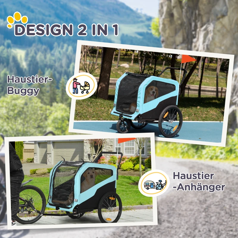 PawHut 2-in-1 Hundeanhänger Hundewagen Fahrradanhänger bis 30kg klappbar Schiebefunktion 2 Eingänge Netzfenster Sonnenschutz Stahlrahmen hellblau 170 x 77 x 90 cm