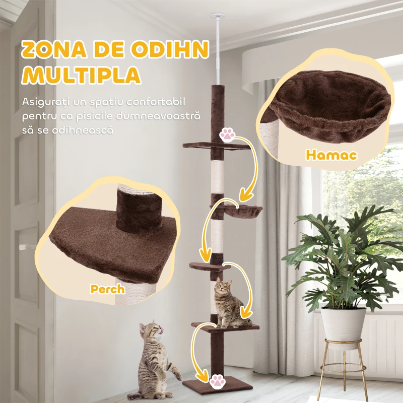 PawHut Copac pentru Pisici Inalt din Podea pana la Tavan de 8,5' cu Inaltime Reglabila, Maro si Alb