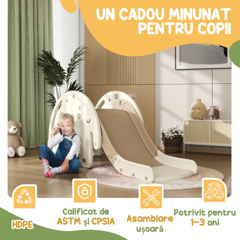 AIYAPLAY Tobogan pentru Copii 3 în 1, Tobogan din Plastic cu Coș și Design de Elefant, 163x57x75 cm, Alb Crem