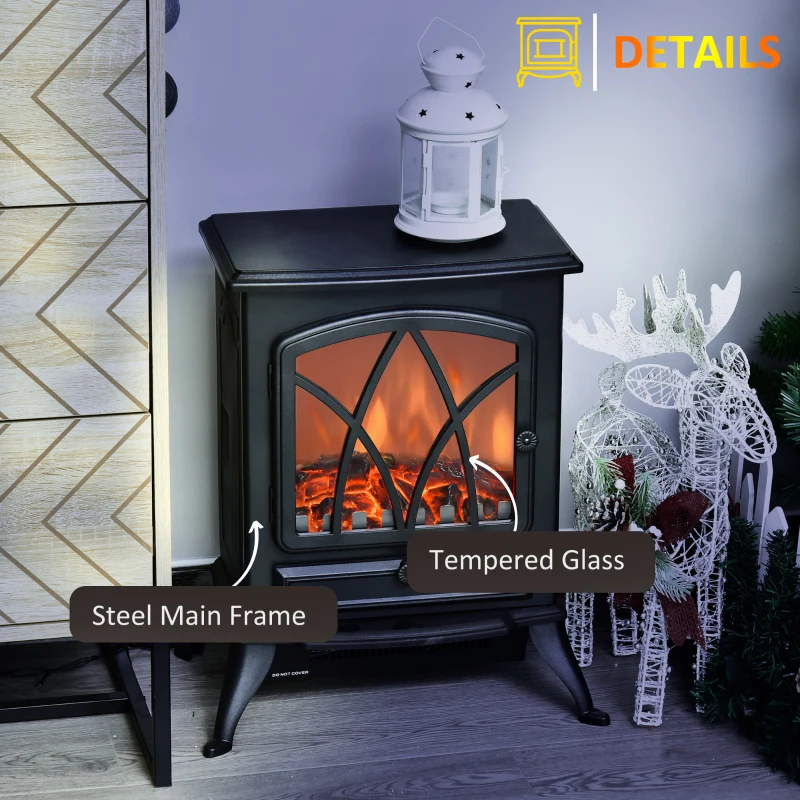 HOMCOM Șemineu Electric cu Efect de Flăcări, Sobă Electrică cu Termostat și Lumină Reglabilă, 45x28,5x54 cm, Negru
