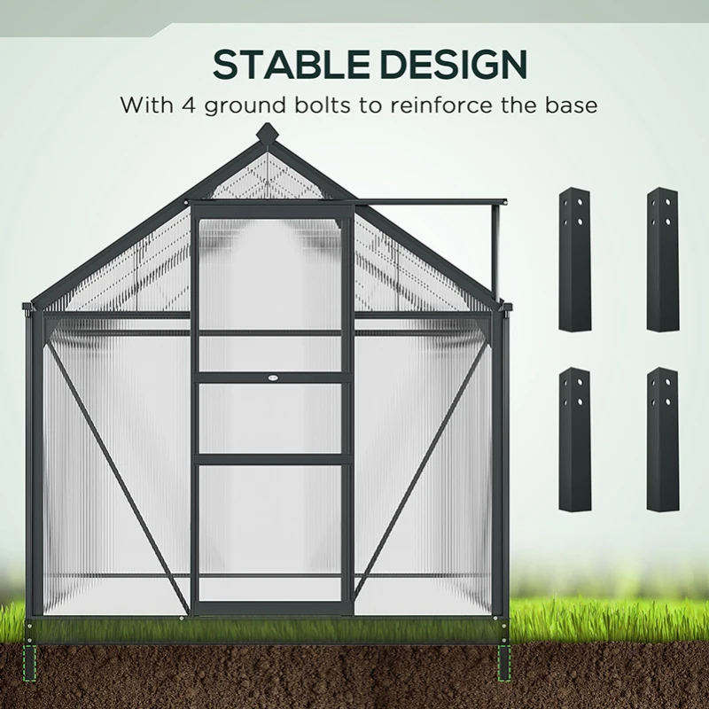 Outsunny 6 x 6ft Polycarbonate Greenhouse, Large Walk-In Green House with Slide Door and Window, Garden Plants Grow House with Aluminium Frame and Foundation, Grey(m-6)