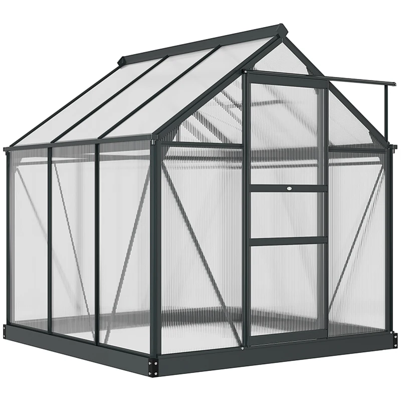 Outsunny 6 x 6ft Polycarbonate Greenhouse, Large Walk-In Green House with Slide Door and Window, Garden Plants Grow House with Aluminium Frame and Foundation, Grey(m-11)