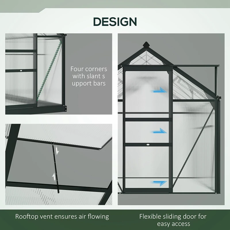 Outsunny 6 x 6ft Polycarbonate Greenhouse, Large Walk-In Green House with Slide Door and Window, Garden Plants Grow House with Aluminium Frame and Foundation, Grey(m-4)