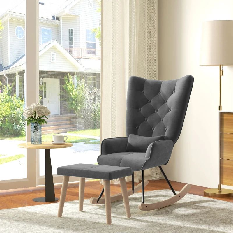 HOMCOM Fotel akcentowy z pufą, tapicerowany, wysokie oparcie, wygląd aksamitu, do 150 kg, Ciemnoszary