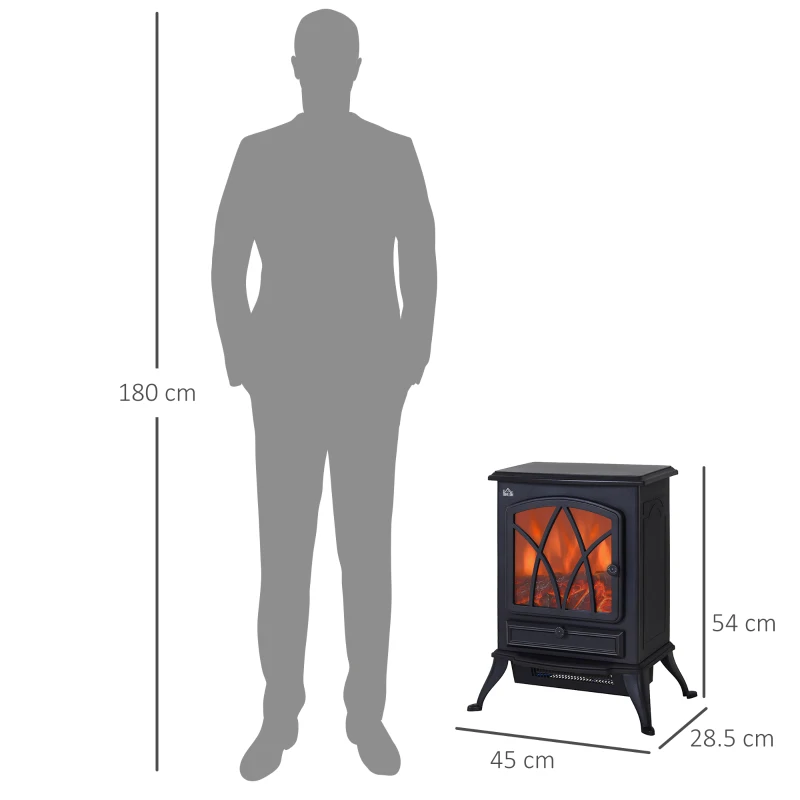 HOMCOM Șemineu Electric cu Efect de Flăcări, Sobă Electrică cu Termostat și Lumină Reglabilă, 45x28,5x54 cm, Negru