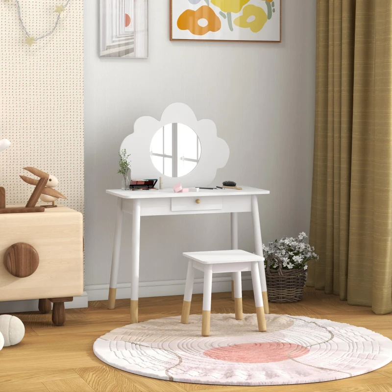 AIYAPLAY Set de Machiaj pentru Fetițe 3-6 Ani cu Scaun de Machiaj și Sertar pentru Depozitare, 70x34x95 cm, Alb