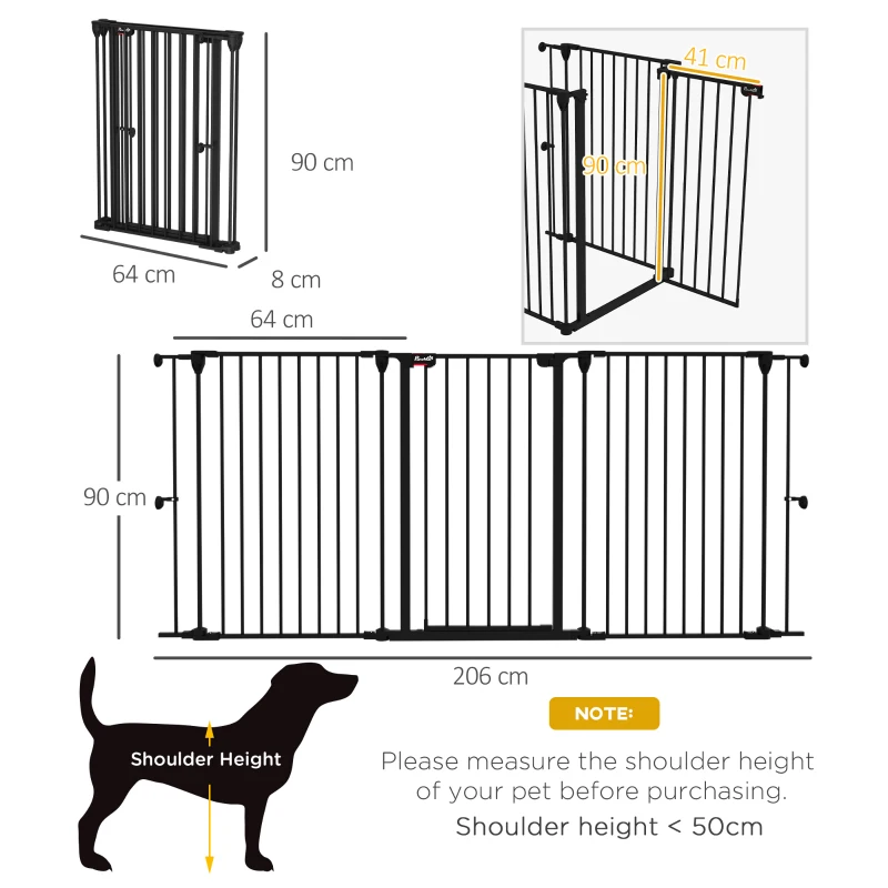 PawHut Barreira para Cães de Aço Barreira de Segurança para Animais de Estimação Dobrável de 3 Painéis Duplo Fechamento 206x90 cm Preto