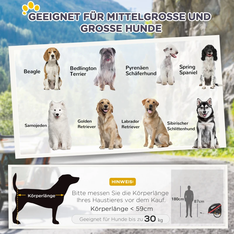 PawHut Hundeanhänger Fahrradanhänger bis 30kg geländegängig lagerbar wetterfest Reflektoren Oxford-Gewebe Stahlrahmen 145 x 80 x 87 cm Schwarz+Rot