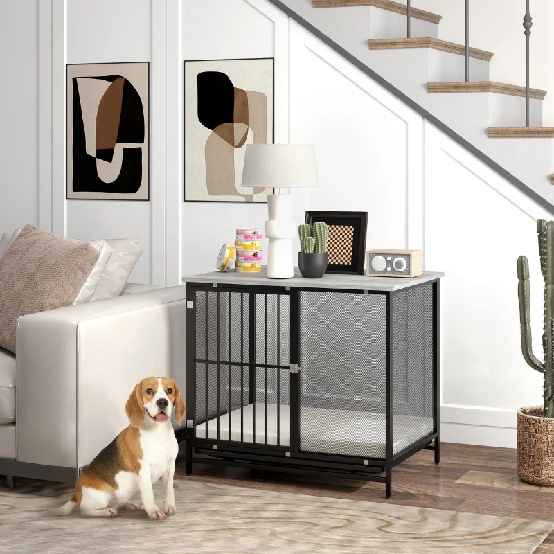 PawHut Boks dla psów z miękko wyściełaną powierzchnią do leżenia, podwyższona kuweta, regulowane nóżki, 80x55x71 cm, Dąb/Czarny