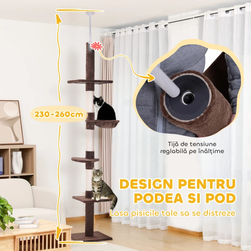 PawHut Copac pentru Pisici Inalt din Podea pana la Tavan de 8,5' cu Inaltime Reglabila, Maro si Alb