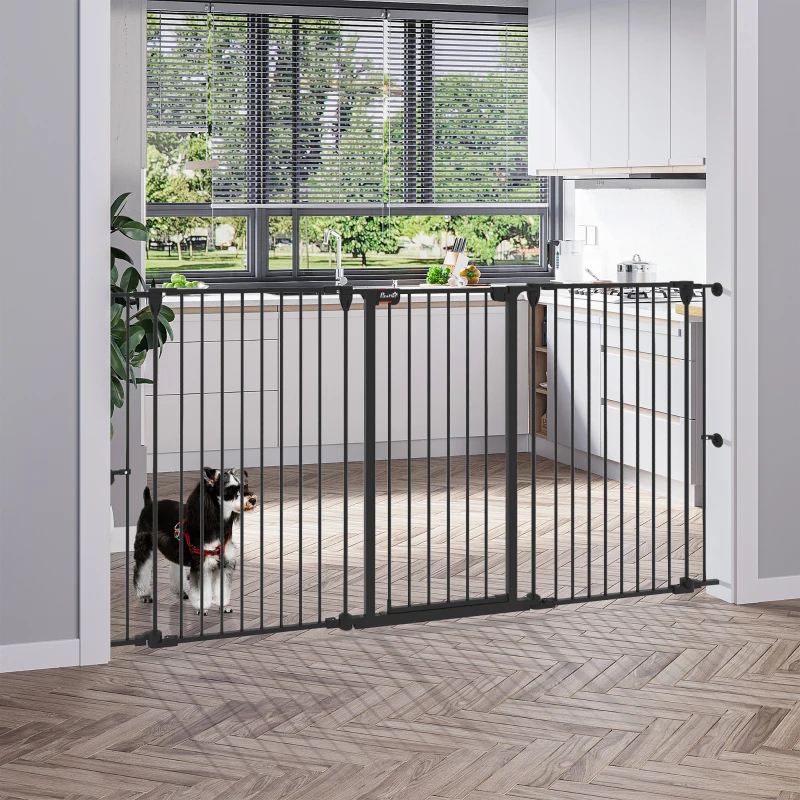 PawHut Barreira para Cães de Aço Barreira de Segurança para Animais de Estimação Dobrável de 3 Painéis Duplo Fechamento 206x90 cm Preto
