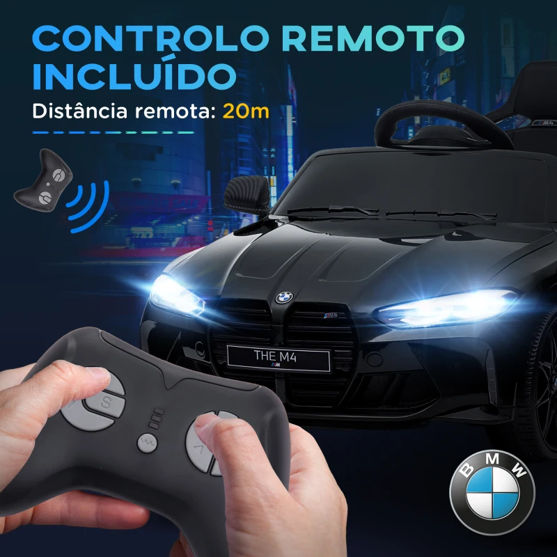 AIYAPLAY Carro Elétrico para Crianças BMW M4 12V com Controlo Remoto Faróis Buzina Música e Velocidade 3-5 km/h 108x69,5x51 cm Preto